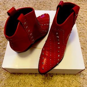 Sam Edelman short red boot with silver accents.